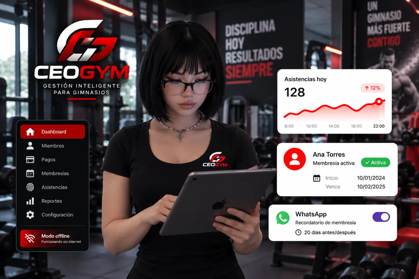 Personal de gimnasio revisando el panel de CEOGYM en una tablet
