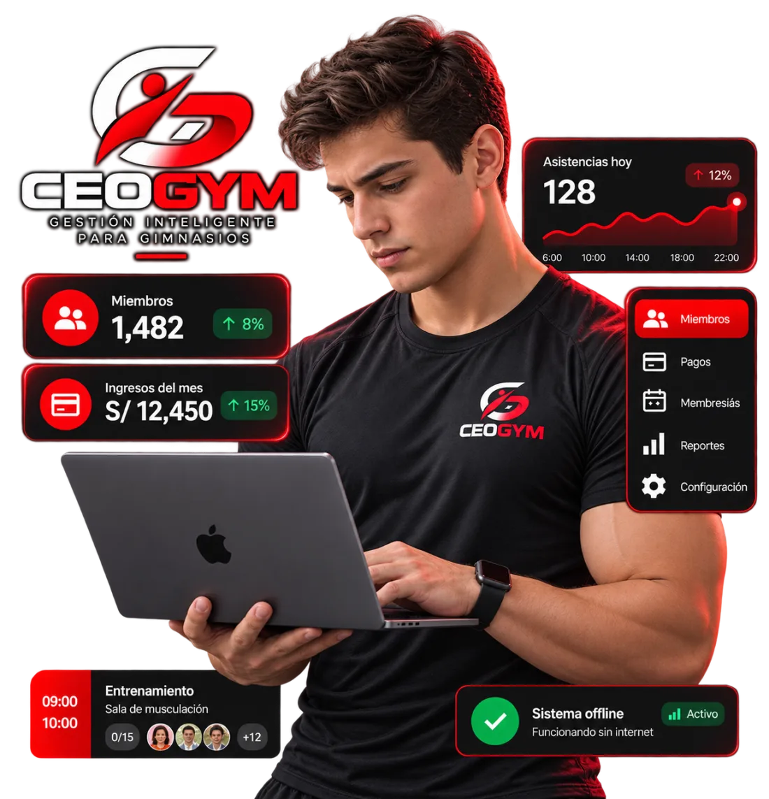 Dueño de gimnasio revisando el panel de CEOGYM: miembros, ingresos y asistencias del día